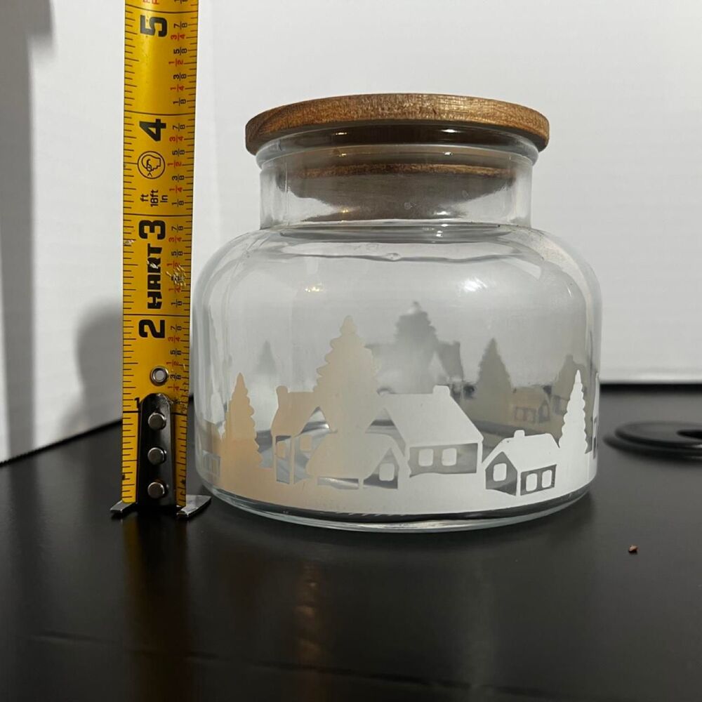 Christmas Winter Village Print Glass Storage Jar Wooden Lid Candle Holder Decor